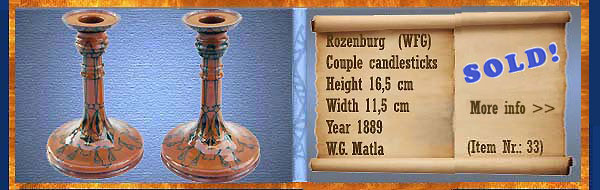 Nr.: 33, On offer decorative pottery of Rozenburg, Description: (WFG merk) Plateel stel kandelaars, Height 16,5 cm Width 11,5 cm, Period: Year 1889, Decorator : W.G. Matla  